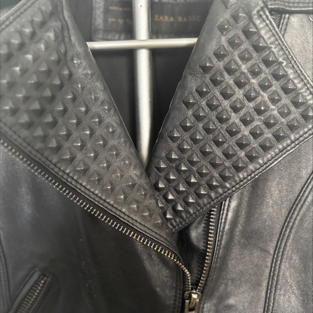 Zara Basic Collection Genuine Black Lamb Leather Embossed Studded Jacket - Picture 5 of 6